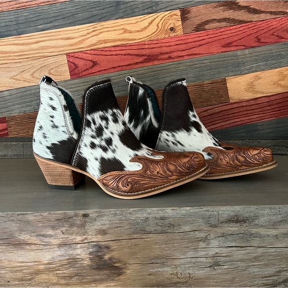 Myra Bag Shoes - 🤩Hand-Tooled Leather Genuine Hide-On Women Bootie Boot Boho Western Shoe Black